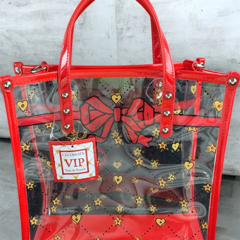 Transparent Red Tote Bag with Heart and Bow Design